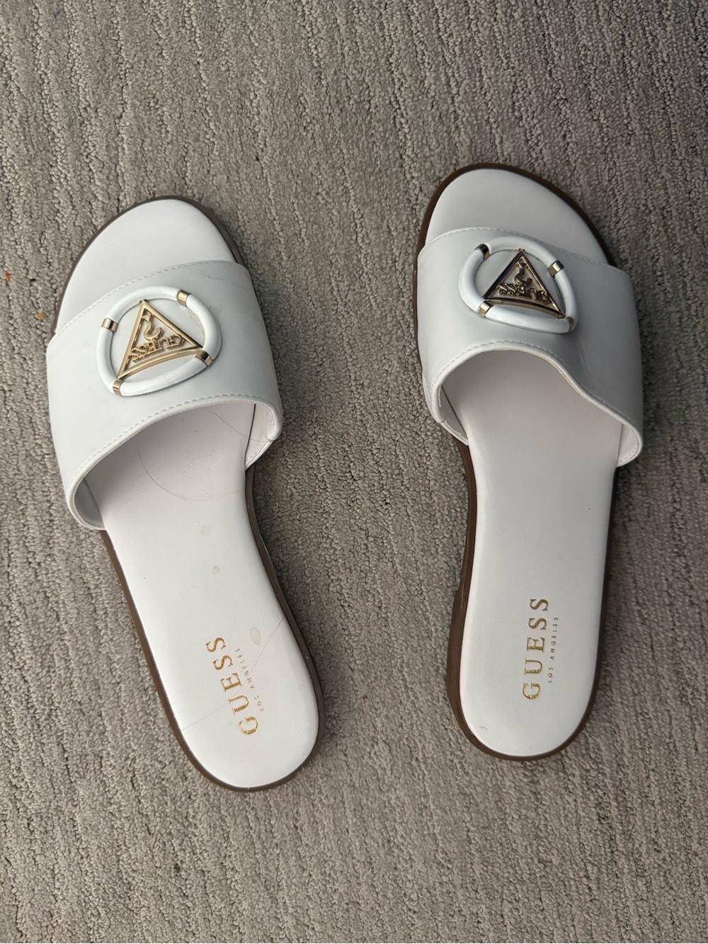 GUESS White Slide Sandals with Gold Triangle Logo